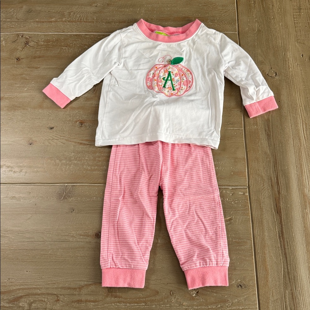 Classic Whimsy Girl Floral Pumpkin Monogrammed Pink Stripe Pajama Set - 9 Month